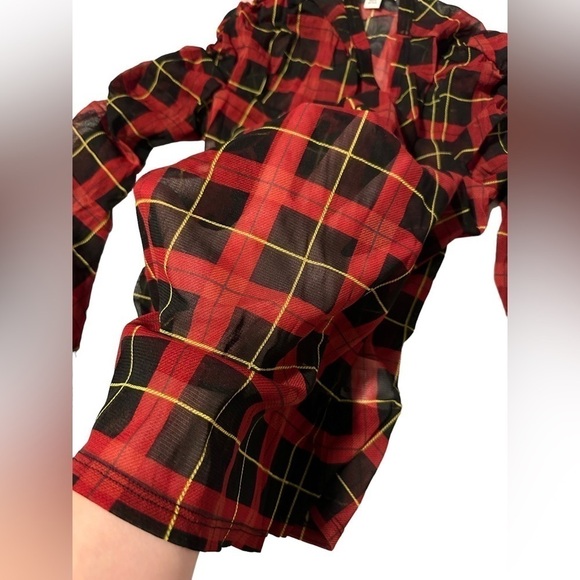 *CLEARANCE* Bar III sheer chiffon ruched sleeve red & black plaid long sleeve - Picture 4 of 9